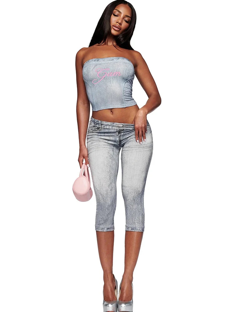 Fake Denim 2 Piece Set Woman Letter Print Wrap Chest Backless Tank Tops+Elastic Waist Crop Pants Sexy Fashion Suits