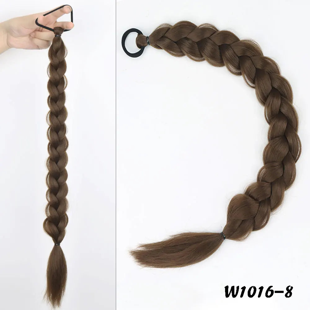 24inches Synthetic Long Braided Ponytail Hair Extensions for Women Black Brown Pony Tail with Hair Rope High Temperature Fiber