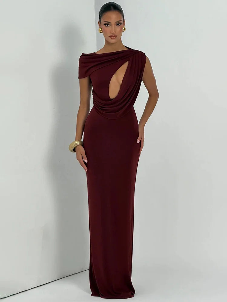 Cut Out One Shoulder Sexy Maxi Dress Women Elegant Draped Bodycon Evening Gown Club Party Long Formal Cocktail Dress
