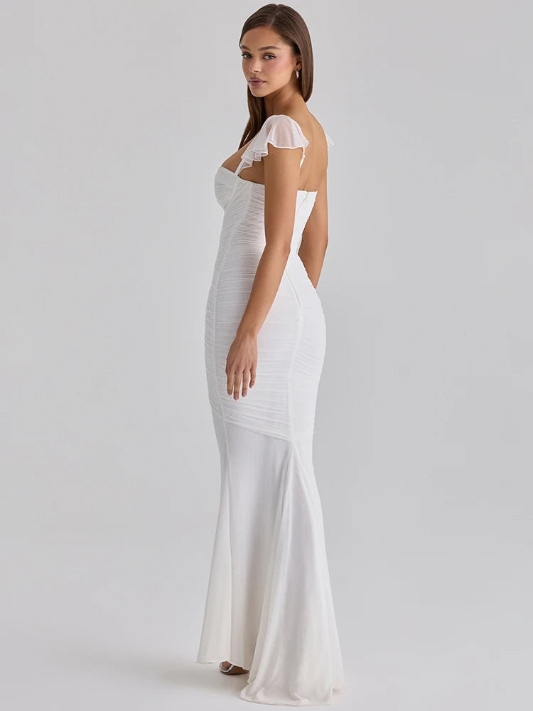 Sweetheart Neck Sexy Mermaid Maxi Dress Women Elegant Ruffle Sleeves Bodycon Evening Club Party Long Dress Female Gown