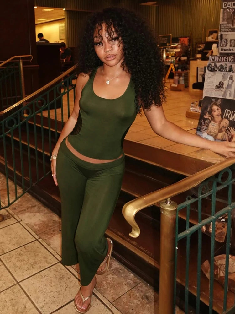 Leisure 2-Piece Set Women Patchwork Mesh u-Neck Vest+Flared Pant Legs Short Classic Simple Summer Fashion Streetwear