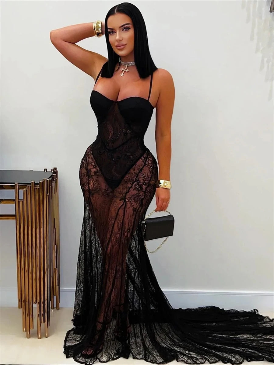 Sexy Mesh Jacquard Dress Women See Through Patchwork Sleeveless Backless Stretch Skinny Midnight Party Club Vestidos