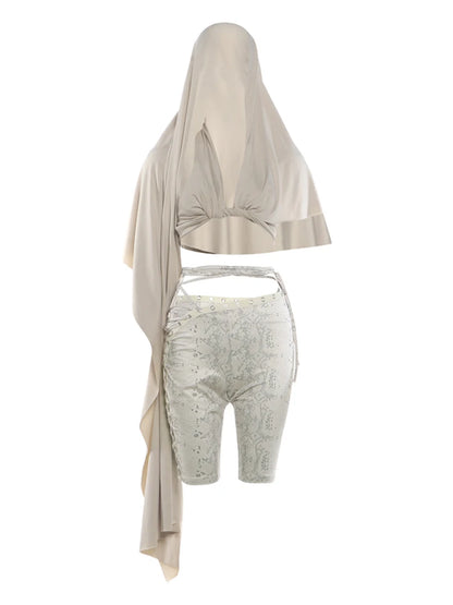 Low-Neck Hooded Shawl Patchwork Irregular Shape Crop Tops+Cross Badnaeg Skinny Peach Hip Shorts Wild Sexy Style Suits
