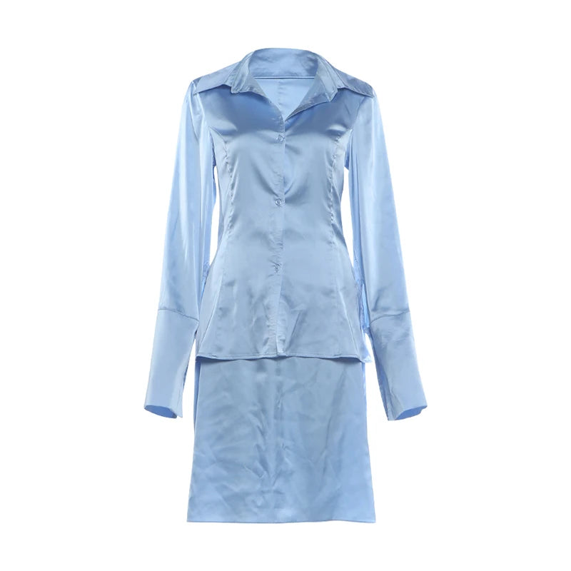 Office Style 2-Piece Set Women Lapel Single-Breasted Split Full Sleeve Shirt+Loose Skirt Satin Street Daily Suits