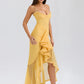 Ruffled Draped Ruched Sexy Maxi Dress For Women Yellow Spaghetti Strap Sleeveless Backless Club Party Sexy Long Dress