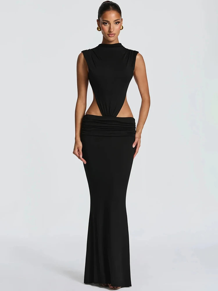 Women Cutout Backless Sexy Maxi Dress Elegant High Neck Sleeveless Ruched Bodycon Club Party Beach Long Dress Fashion