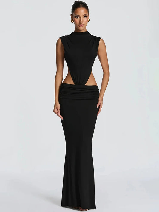 Women Cutout Backless Sexy Maxi Dress Elegant High Neck Sleeveless Ruched Bodycon Club Party Beach Long Dress Fashion