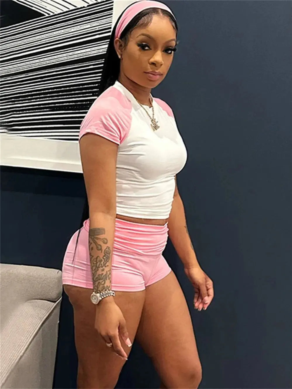 Sporty Patchwork 3 Piece Set Women Casual Summer Headband+Crop Top+High Waist Bike Shorts Street Matching Tracksuit