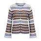 Women Round Neck Striped Ribbed Knit Sweater Flare Sleeve Button Front Slim Fit Cropped Cardigan Street Casual Outerwear