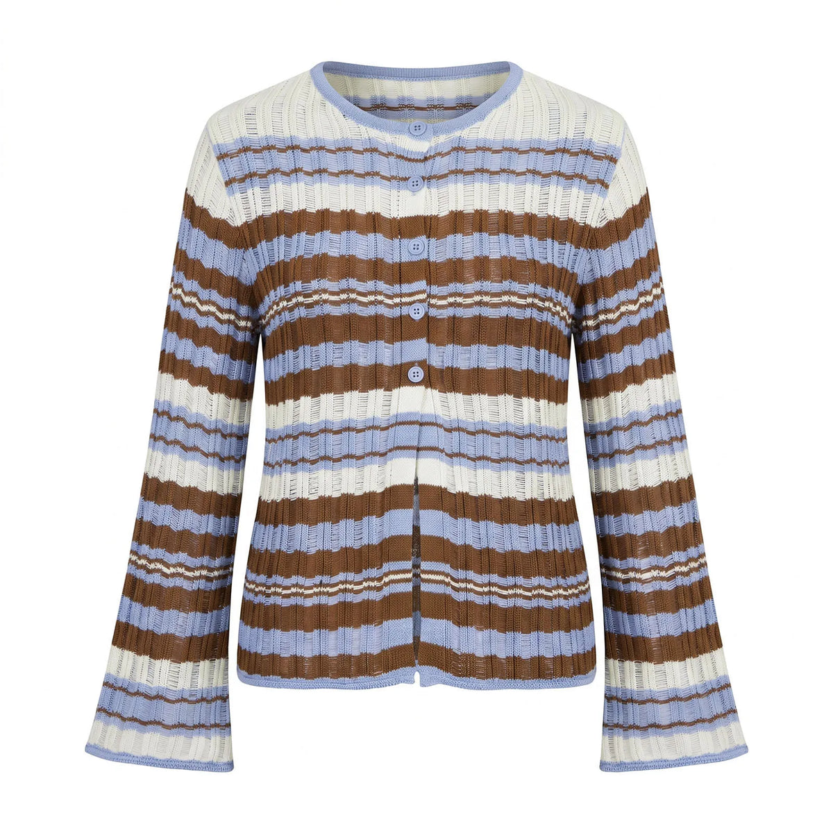 Women Round Neck Striped Ribbed Knit Sweater Flare Sleeve Button Front Slim Fit Cropped Cardigan Street Casual Outerwear