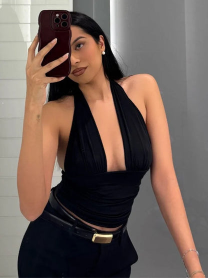 Halter Backless Crop Tops Women Sexy Summer Clothes Solid Color Deep V Neck Tank Top Streetwear