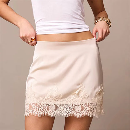 Y2k Half Slips Under Dress Elegant Fashion Bodycon Skirt Women Silk Satin Pencil Skirt Lace Trim Low Rise Underskirts