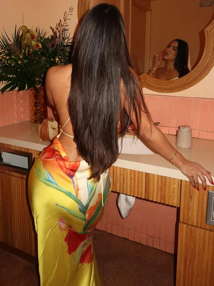 Floral Print Sexy Lace-Up Backless Dress Women Ruched Swing Collar Sleeveless Robe Vacation Trend Beach Party Outfits