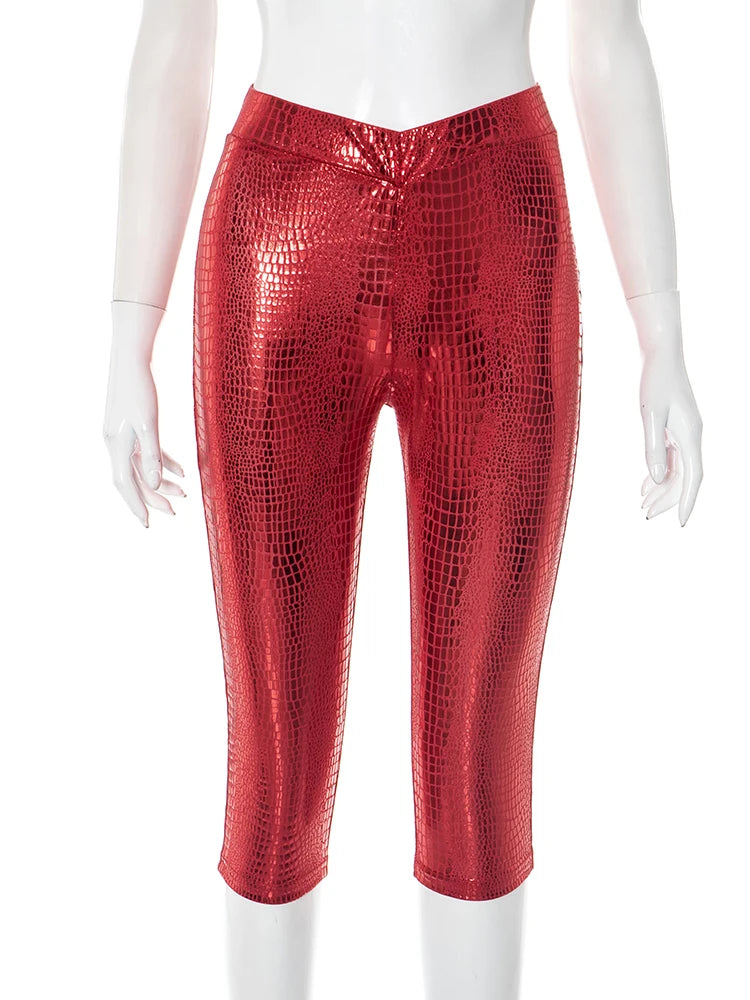 Serpent Crop Pants Women Silky Glossy Sexy Wild Skinny Basic Streetwear Hipster Summer Trend Clubwear Bike Shorts