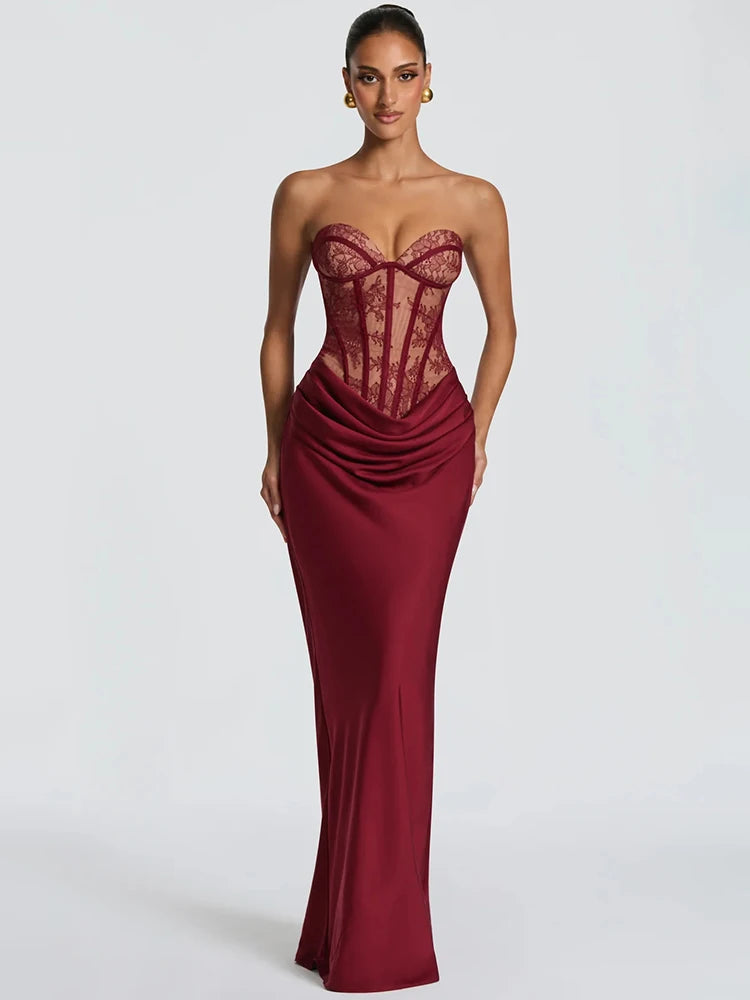 Lace Corset Satin Mermaid Maxi Dress Women Elegant Strapless Sweetheart Neck Ruched Waist Bodycon Evening Party Gown