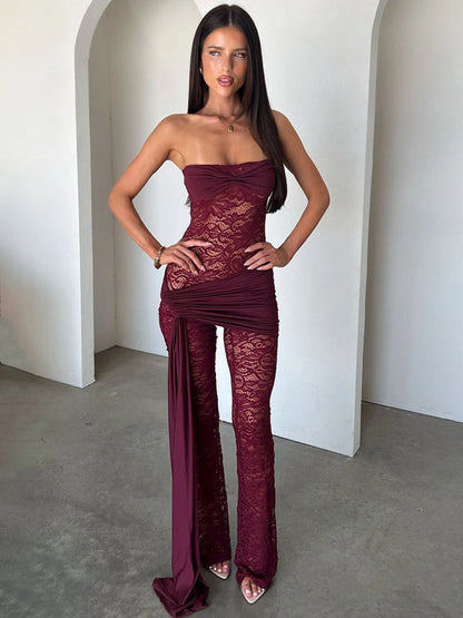 Lace Strapless Jumpsuits Women Ruched Sash Wrap Flare Pants See Through Mesh Bodycon Romper Night Club Party Jumpsuit