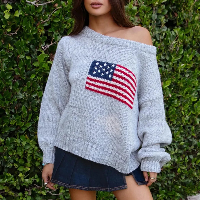 Off Shoulder American Flag Knit Sweater for Women Long Sleeve Oversized Fit Casual Streetwear Pullover for Fall Winter