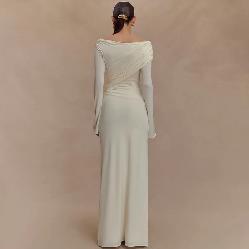 V Neck Off Shoulder Long Sleeve Maxi Dress White Elegant Dresses for Woman for Party Outfits Autumn 2025