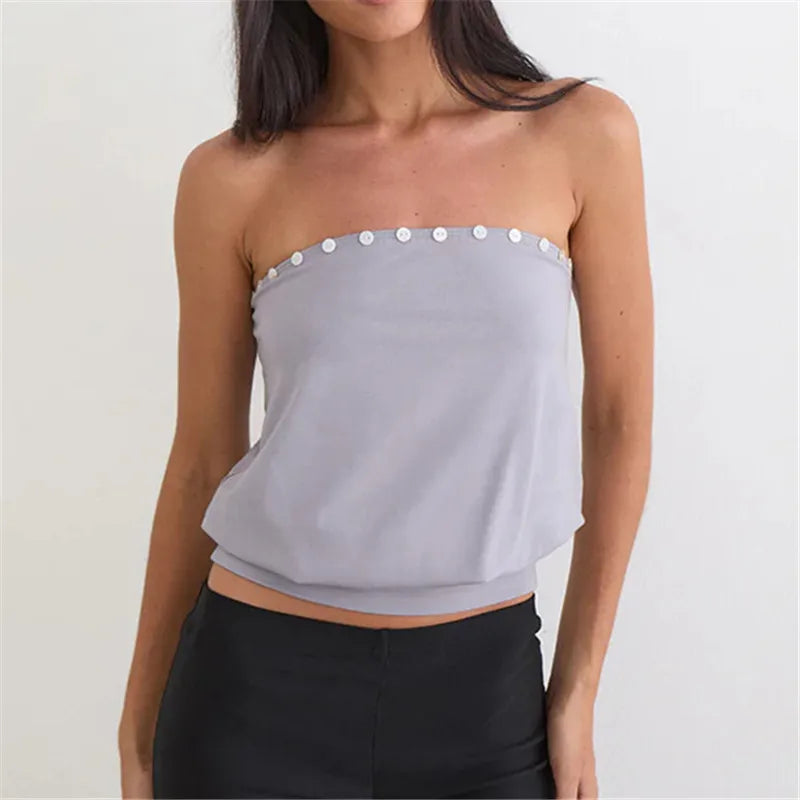 Y2K Button Trim Strapless Tube Top Women Elastic Waist Hem Bandeau Sleeveless Off Shoulder Cropped Blouse Streetwear