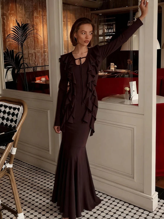 Sexy Ruffled Fringe Dress Women Lace-Up Ruched Patchwork U-Neck Full Sleeve Elegant Stretch Skinny Evening Bodycon