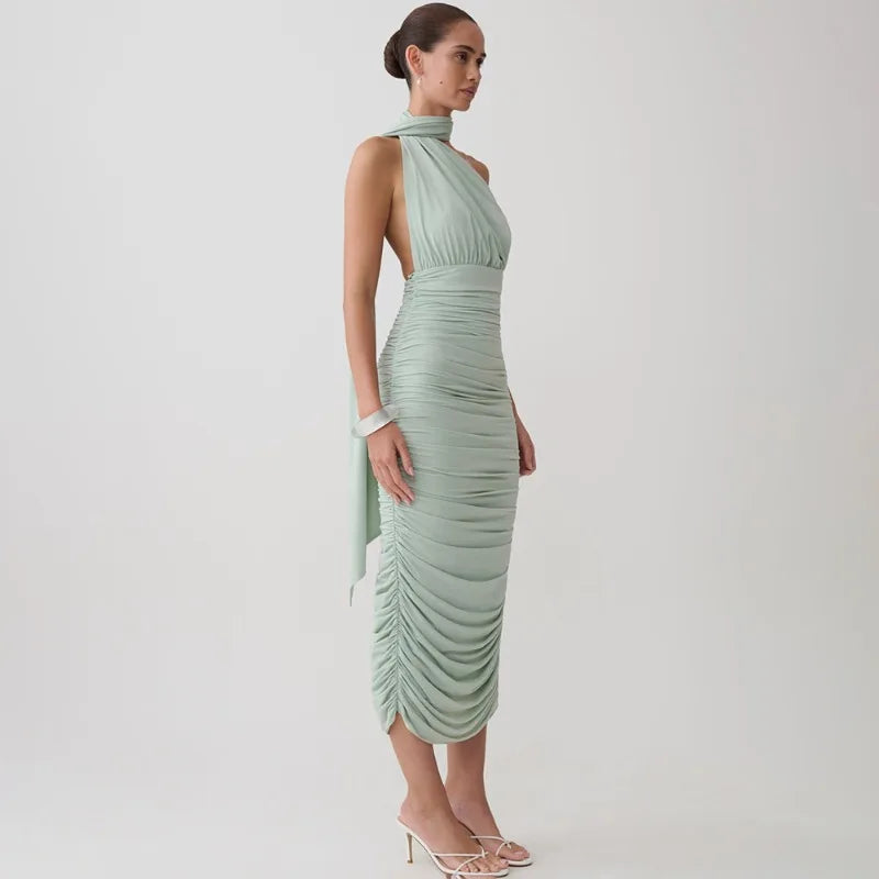 Draped Halter Neck Ruched Midi Dress Woman for Birthday Pictures Elegant Burgundy Party Dresses