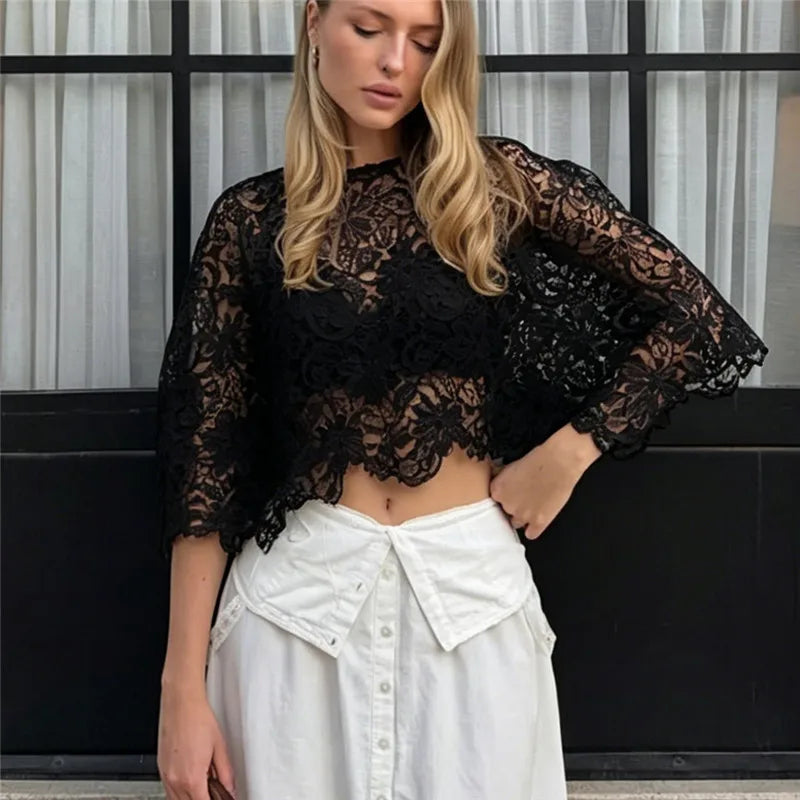 Cute Women See Through Crochet Lace Cape Short Top Crew Neck Batwing Sleeve Cropped Layering Top Matching Camisole