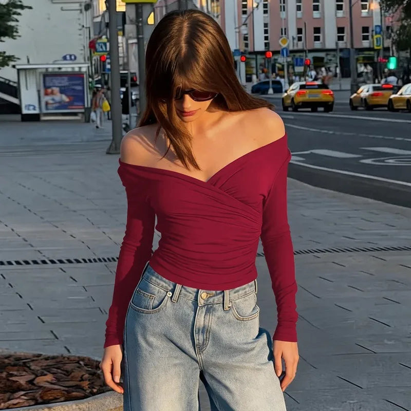Burgundy Off Shoulder Long Sleeve Top with Wrap-style Neckline Fashion 2026 Fall Shirts Woman Clothing