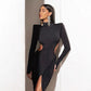 Elegant Hollow Dress Women Turtleneck Ruched Patchwork Full Sleeve Irregular Hem Skinny Stretch Party Club Bodycon