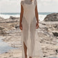 Women's Sequin Long Dress Summer Fashion Short Sleeve Solid Loose Fit Gown with Side Slits Sparkly Sheer Knit Sundress