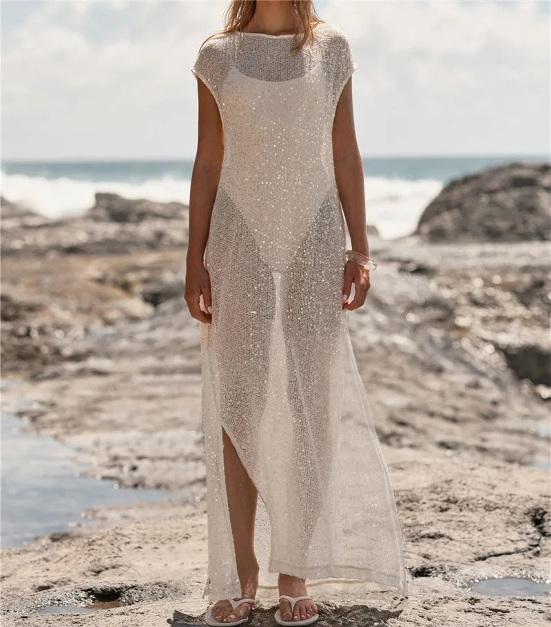 Women's Sequin Long Dress Summer Fashion Short Sleeve Solid Loose Fit Gown with Side Slits Sparkly Sheer Knit Sundress