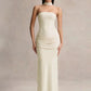 Women Strapless Mermaid Sexy Maxi Dress Detachable Choker Neck Tie Ruched Waist Bodycon Long Evening Party Dress