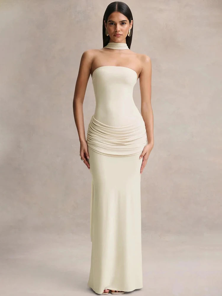 Women Strapless Mermaid Sexy Maxi Dress Detachable Choker Neck Tie Ruched Waist Bodycon Long Evening Party Dress