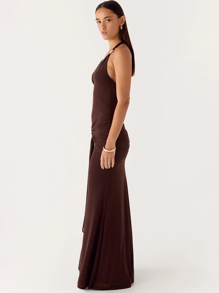 Halter Deep V Neck Sexy Maxi Dress Women Elegant Off-shoulder Sleeveless Backless Draped Ruched Slinky Club Party Dress