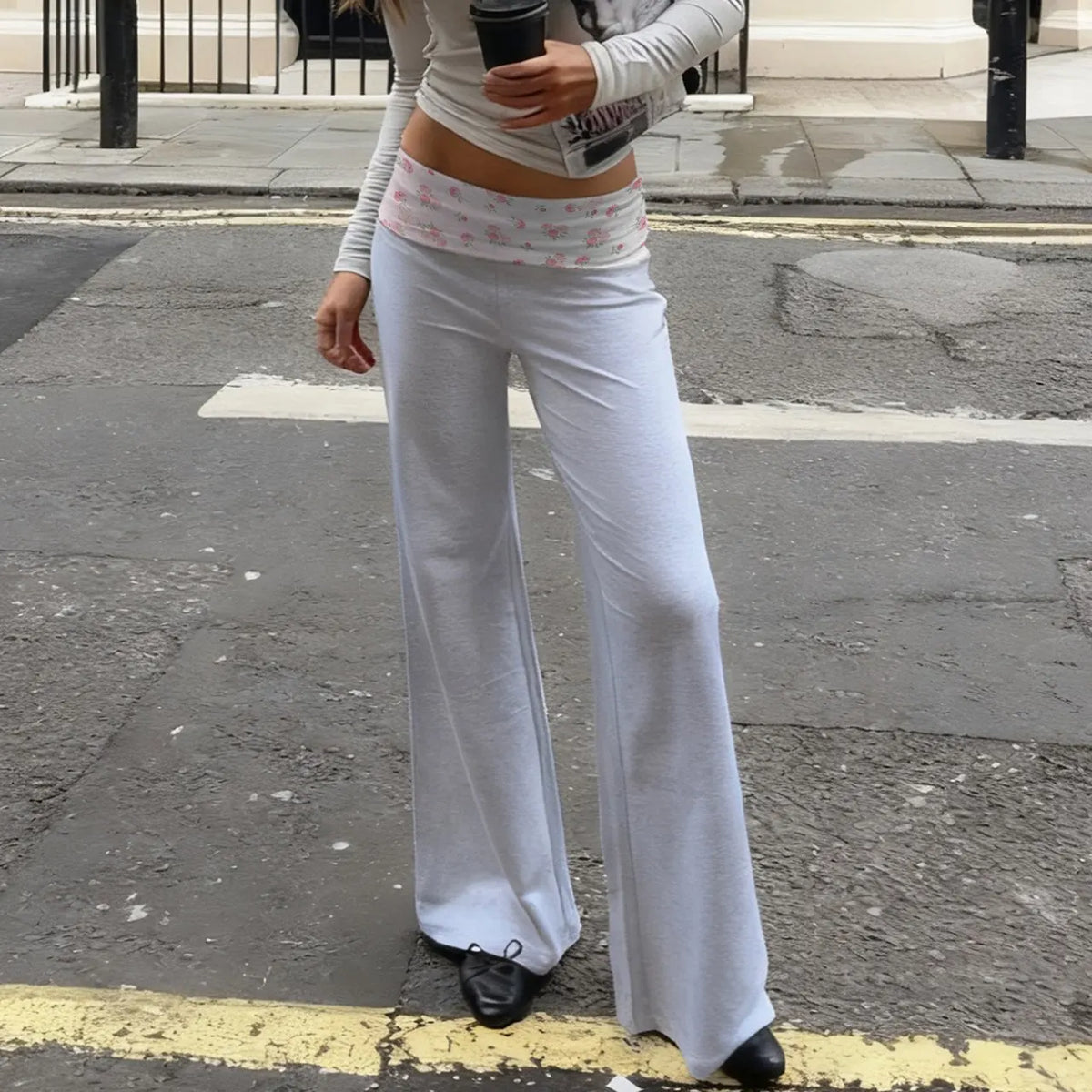 Women Lounge Pants Printed Fold Over Elastic Waist Wide Leg Pants Comfy Casual Loose Fit Trousers Homewear Bottoms