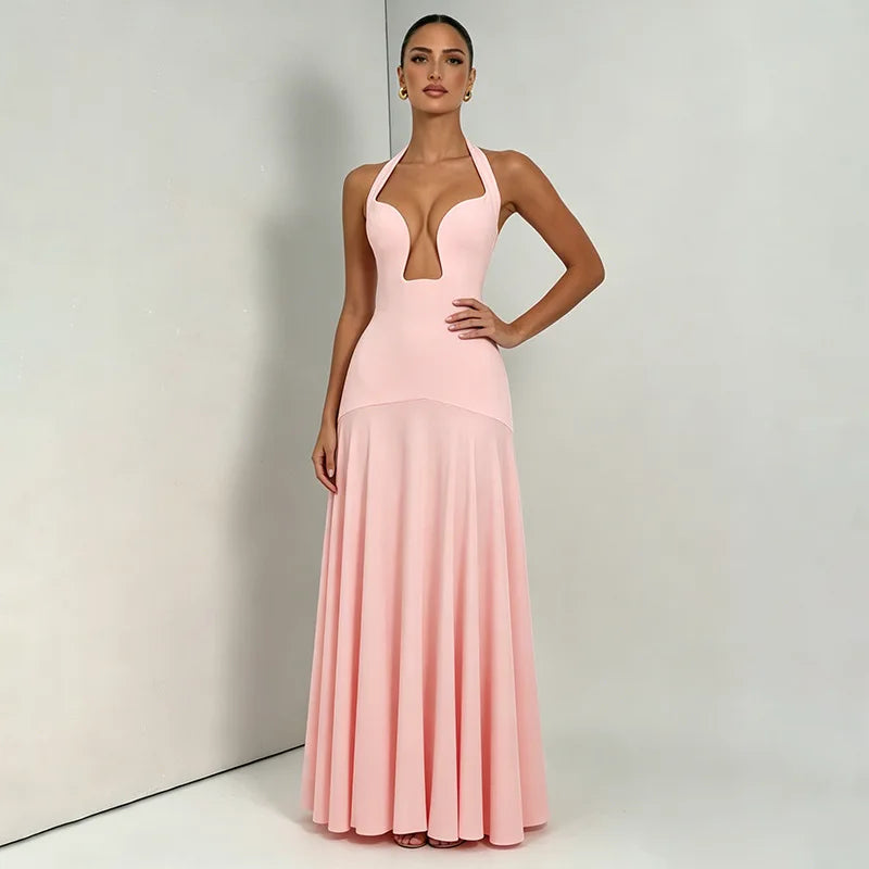 Elegant Deep Plunge Halter Backless Maxi Dresses 2026 Woman Wedding Guest Party Dress Pink