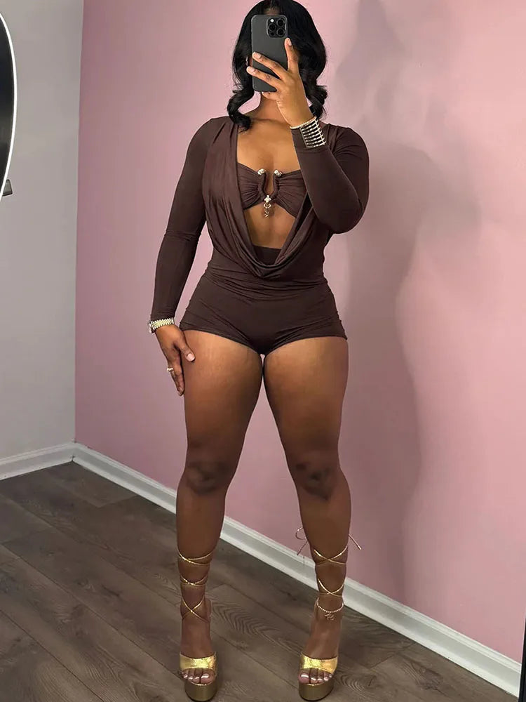 Swing Collar Romper+Metal buckle Bra Sexy Women Hipster Midnight Party Coquette New Autumn Trend Workout Playsuits
