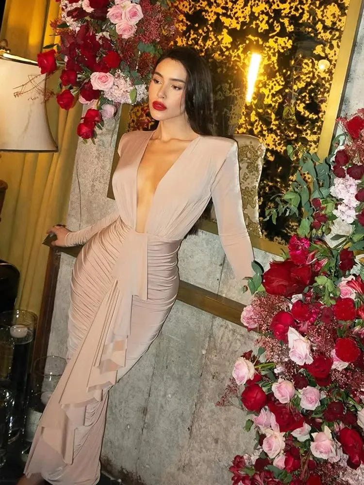 Ruched Ruffles Maxi Dress Deep V-Neck Full Sleeve Elegant Sexy Stretch Skinny Birthday Evening Cocktail Party Bodycon
