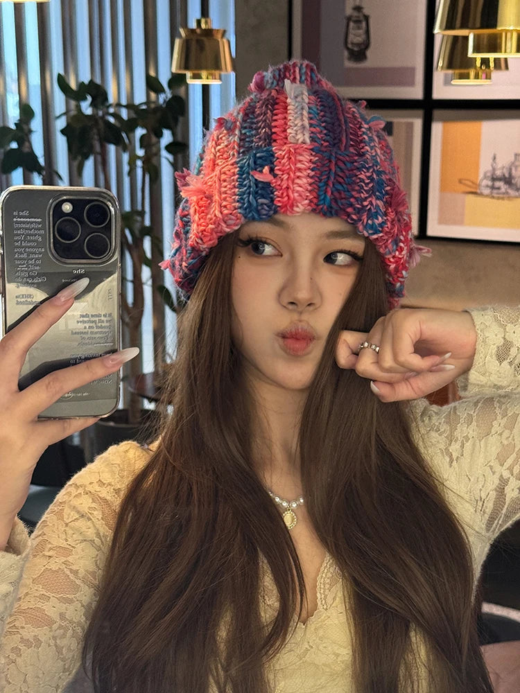 Dopamine Colorful Vertical Striped Rolled Edge Beanie For Women