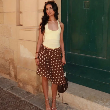 Brown and White Polka-dot Asymmetrical Midi Skirt for Woman Clothing