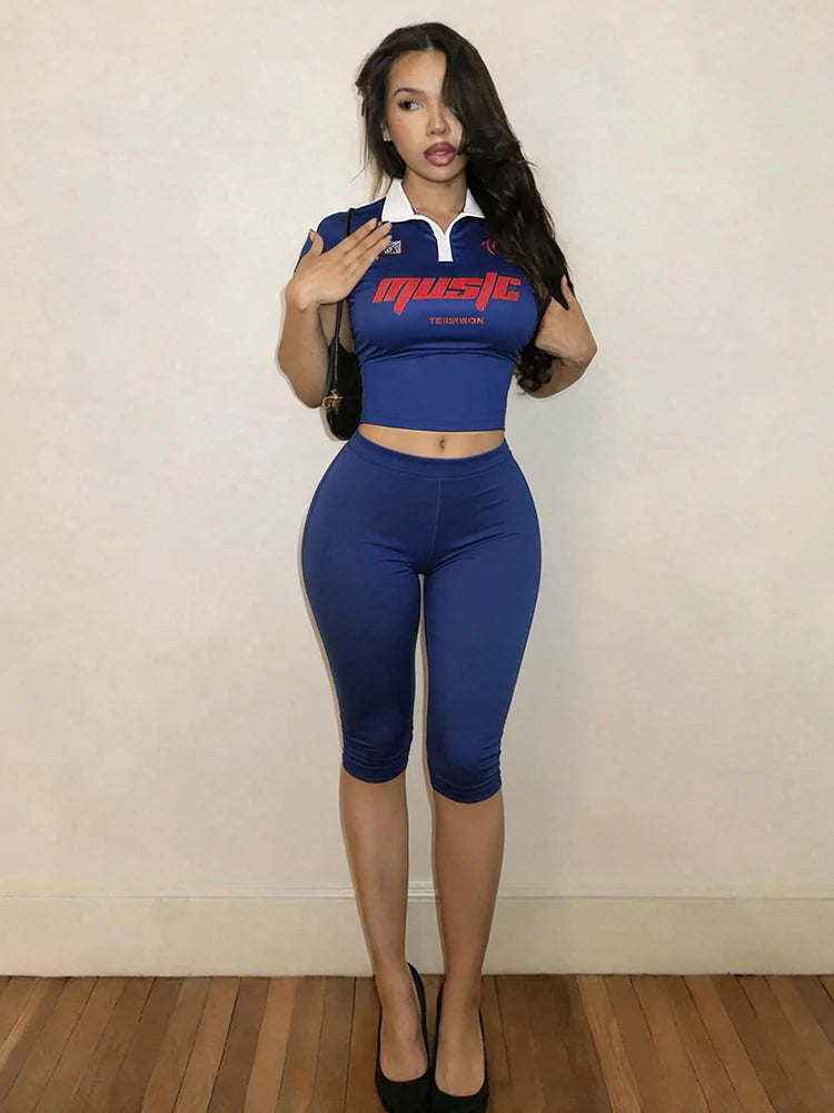 Casuals 2 Piece Set Women Trend Letter Print Color Blocking Short Sleeve T-Shirt+Capri Pants Simple Sporty Streetwear
