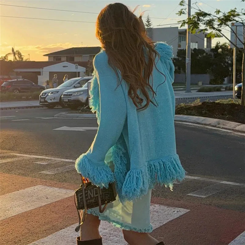Women Fringe Tassel Knit Cardigan Open Front Long Sleeve Oversized Loose Knitted Coat Beach Cover Up Casual Outer Top