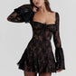 Elegant Print Mini Dress For Women Autumn Winter New Square Collar Long Sleeve Backless Loose Club Party Sexy Dress