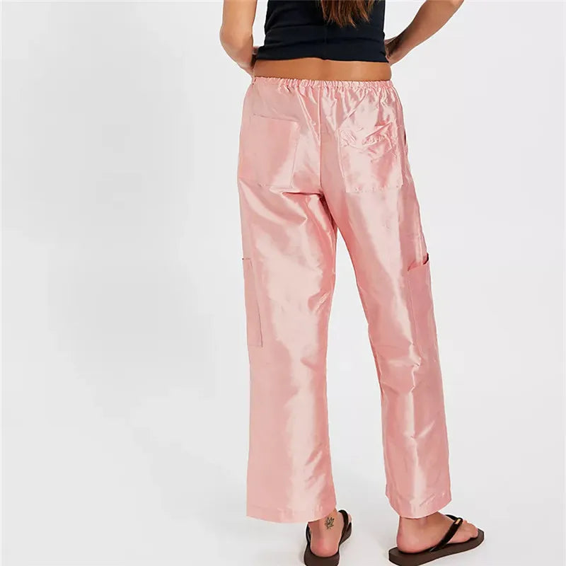 Women Glossy Satin Cargo Pants Drawstring Elastic Waist Loose Straight Leg with Pockets Y2K Casual Ankle Length Trousers