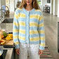Women Fuzzy Mohair Knit Cardigan Striped Round Neck Button Front Cropped Sweater Long Sleeve Y2K Retro Streetwear Jacket