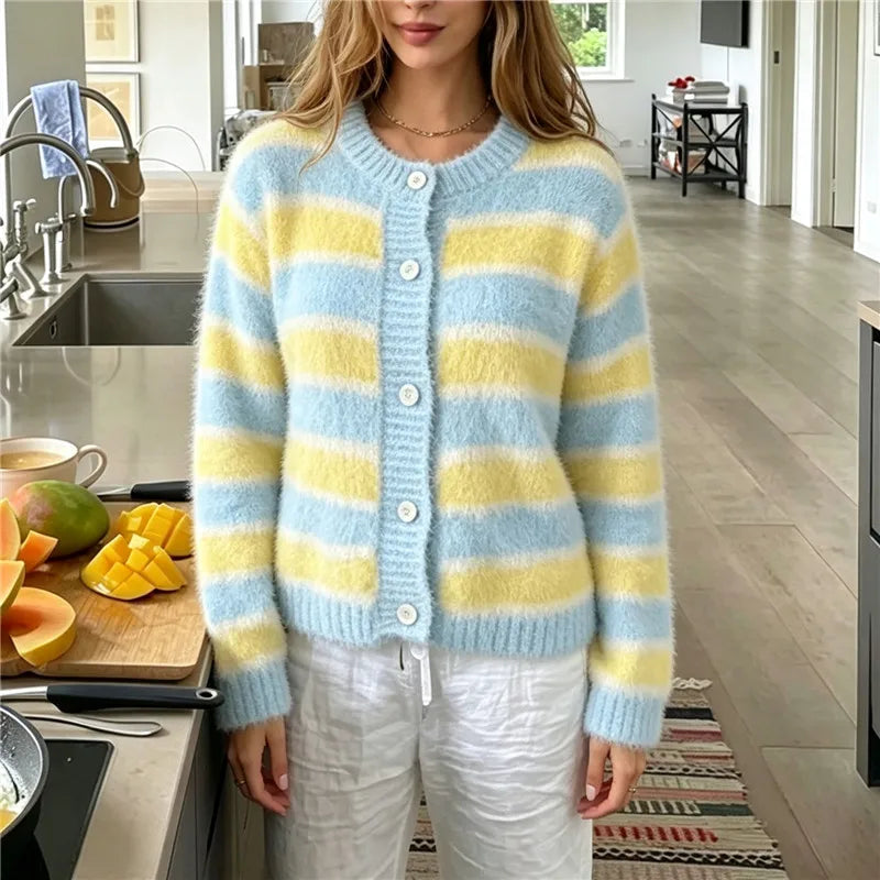 Women Fuzzy Mohair Knit Cardigan Striped Round Neck Button Front Cropped Sweater Long Sleeve Y2K Retro Streetwear Jacket