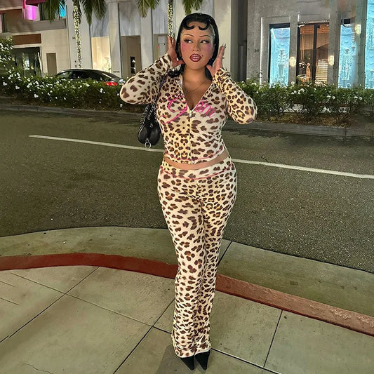 Women Clothing Two Piece Set Casual Y2k Cheetah Printed Hooded Cardigan Top and Flare Pants Matching Outfits