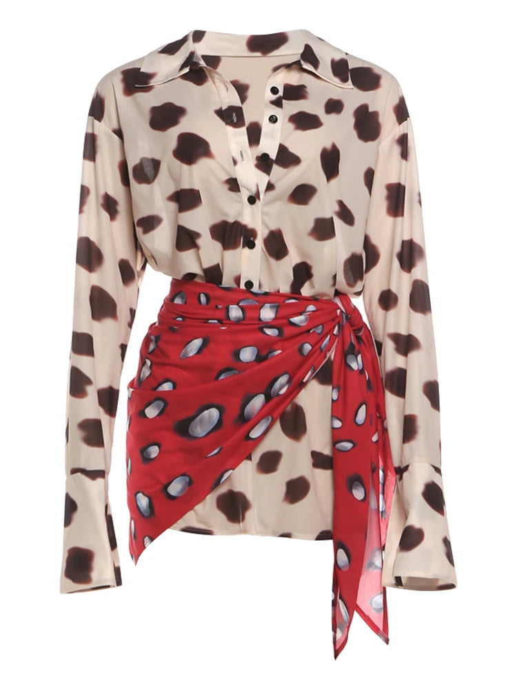 Dot Print Mini Dress Woman Autumn Trend Single-Breasted Lapel Full Sleeve Silk Scarf Strap Patchwork Fashion Bodycon