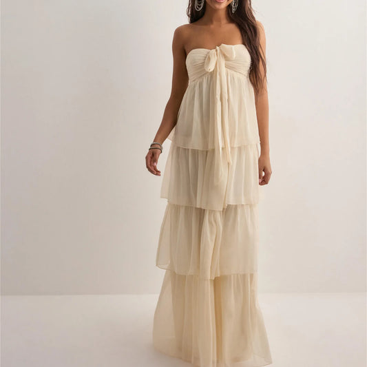 Women's Strapless Long Dress Fashion Sleeveless Tiered Hem Tube Dress Summer Beach Holiday Party Wedding Dress