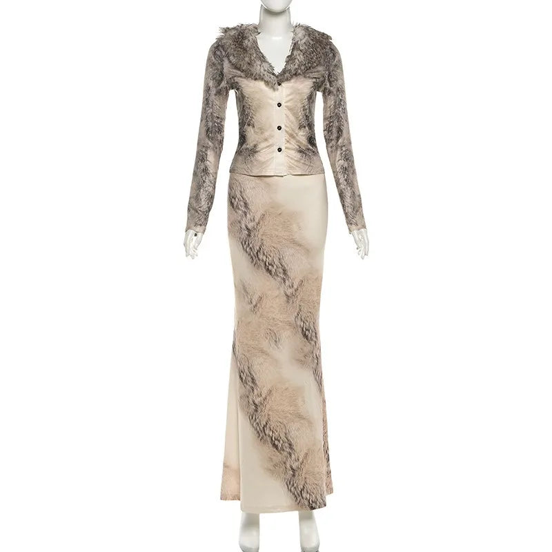 Sexy 2 Piece Sets Woman Outfit Faux Fur Collar V Neck Long Sleeve Cardigan and Maxi Skirt Matching Set