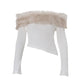 Faux Fur Collar Off Shoulder Long Sleeve Tees White Rib Crop Tops Streetwear Tshirts Y2k Woman Clothes